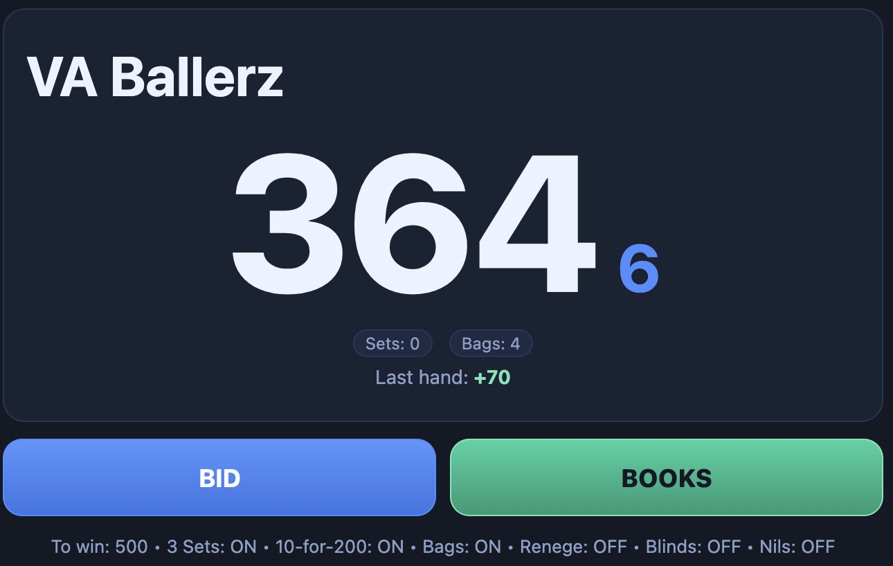 Black Belt Spades scorecard preview showing team score, bids, and bags